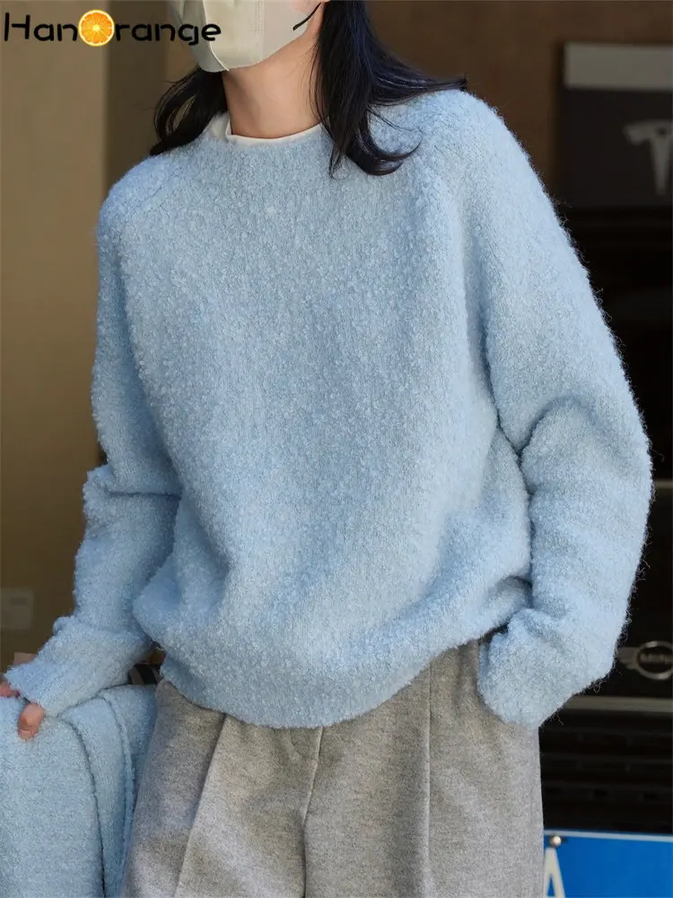 HanOrange 2024 Slouchy Wool Loop Yarn Sweater Women Loose Warm Pullover Casual Knitted Top Female Off White/Light Blue