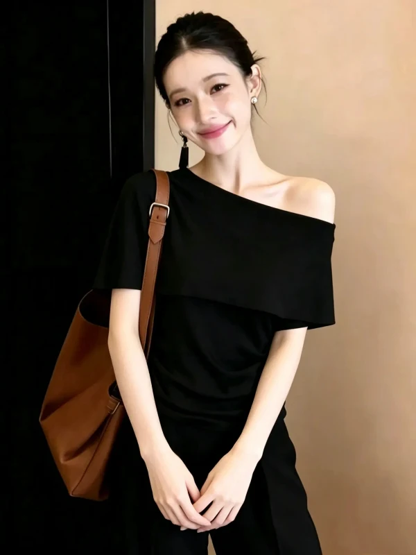 plus Size Women's Slim Fit Short Sleeve T-Shirt One Shoulder Design Summer New Style Korean Style Commute Wind Pure Color