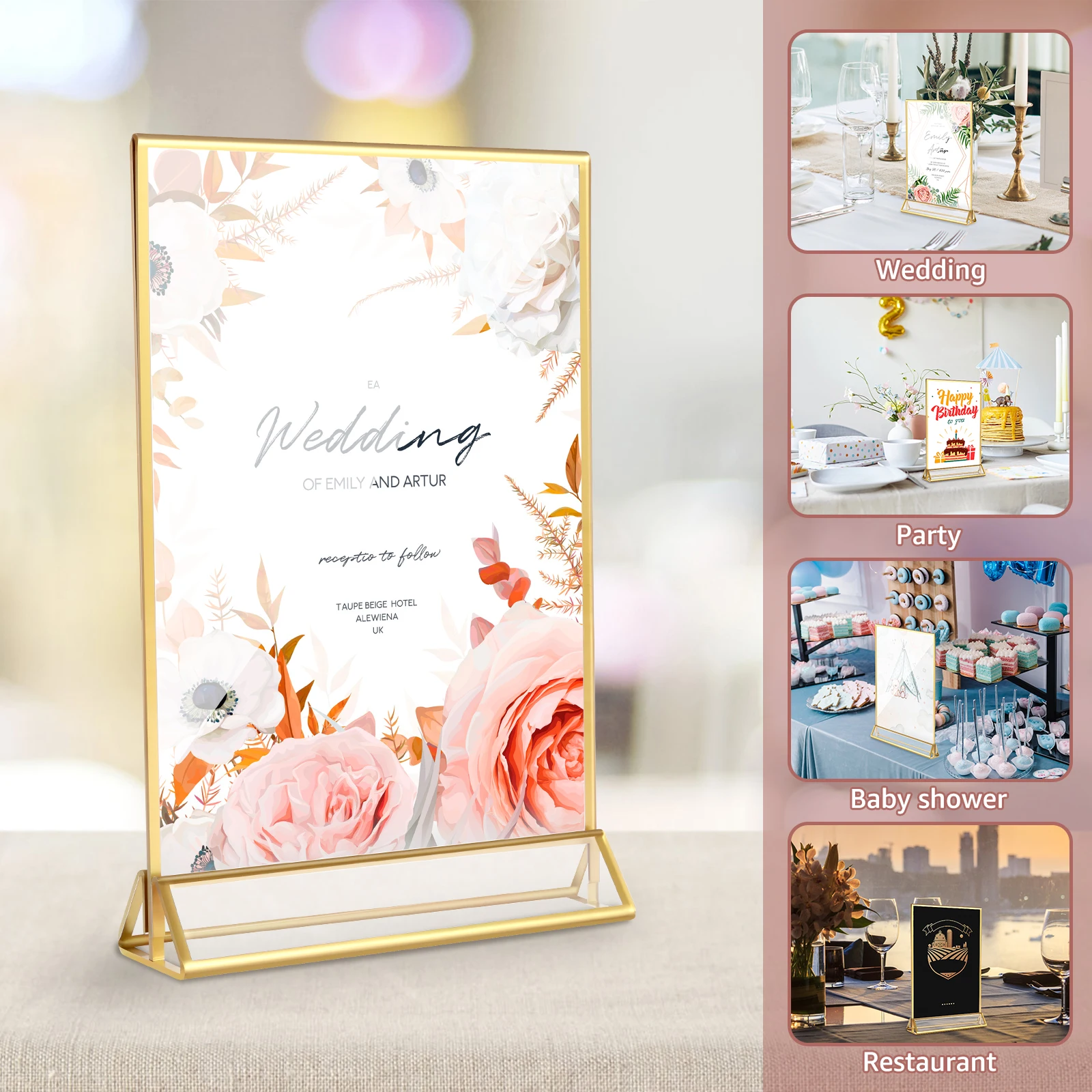 6Pcs Acrylic Sign Holder Clear Double-Side Sign Display Stand Gold Border Table Flyer Holder 4 x 6inch/5x7inch Multipurpose Menu