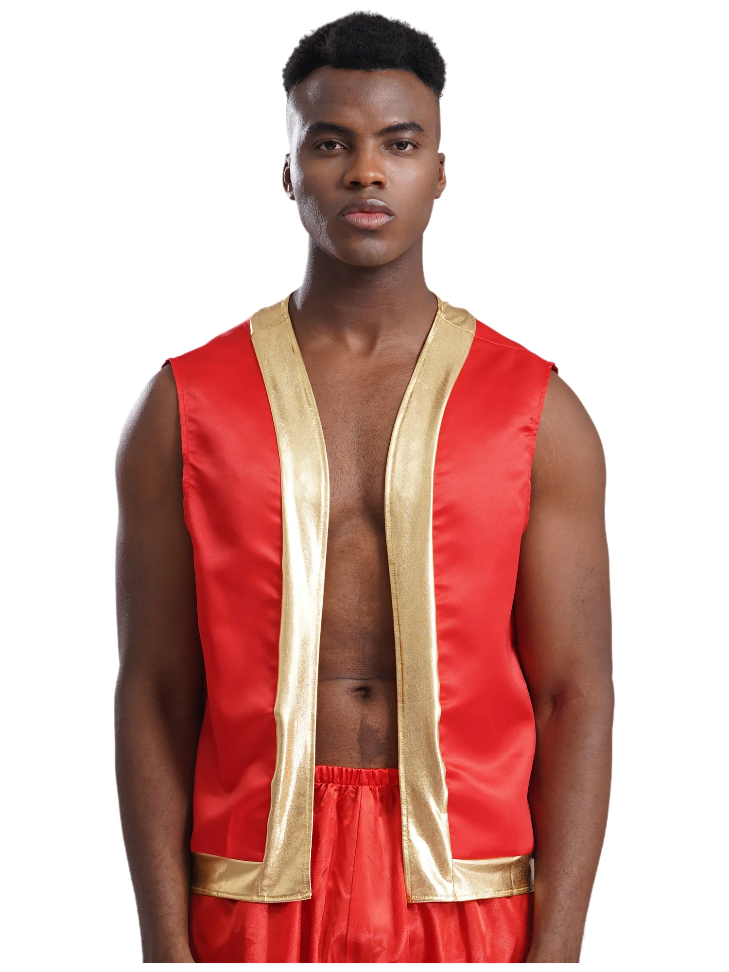 

Mens Luxurious Sultan Prince Cosplay Outfit Two Piece Halloween Cosplay Costume Set with Shiny Trim Vest And Loose Harem Pants