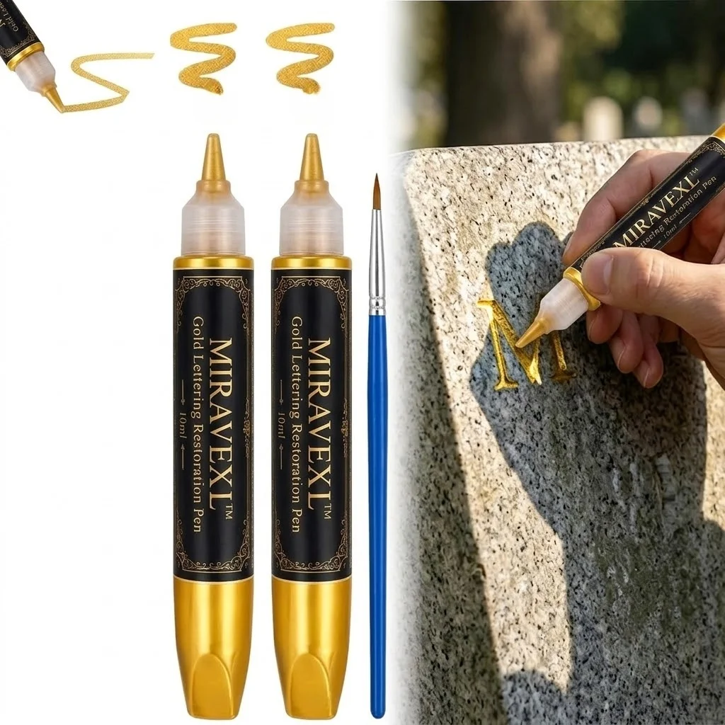 Tombstone Lettering Restoration Kit - 10ml Gold Paint Pen & Detailing Brush For Precise Stone Engraving Repairs & Detailing