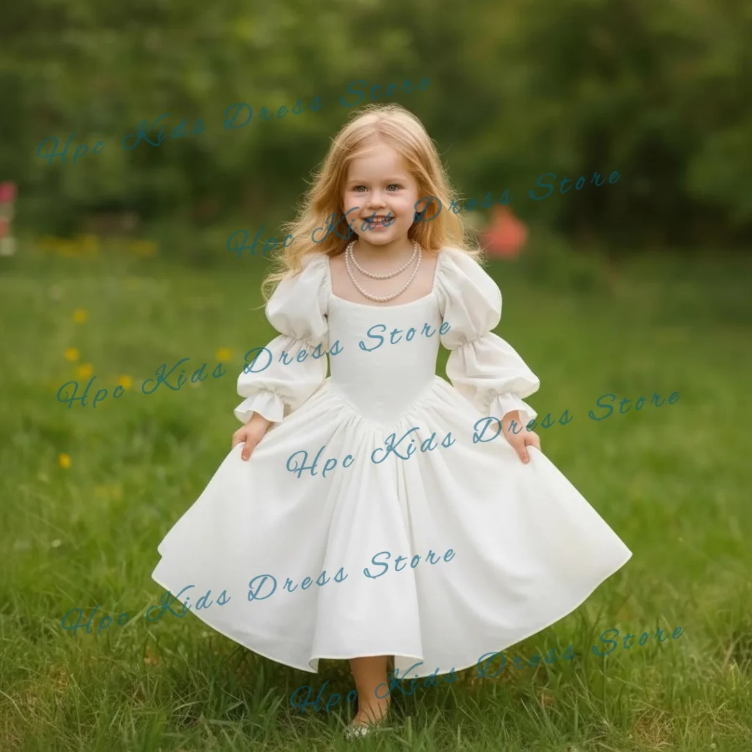 Custom White Flower Girl Dress for First Communion, Long Sleeve Satin Princess Gown with Puff Sleeves, Customizable Kids Wedding
