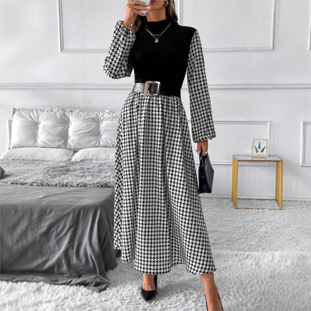 

2025 Fashion Knitted Spliced ​​Plaid Print Long Sleeve Women's Dress Spring Autumn New Retro Elegant Woman Waist Slim Dresses