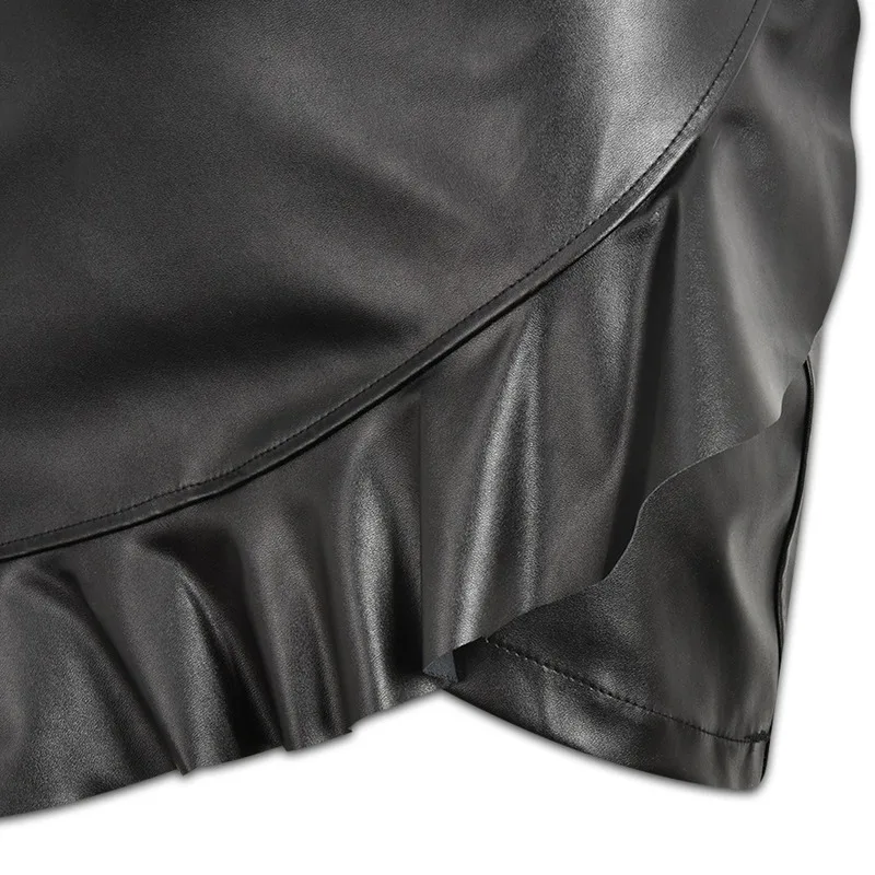 Women's 2024 New Sexy Leather Pu Skirt Black Ruffled Asymmetric Female Mini Skirt High Waist Flared Fashion Office Female Skirt