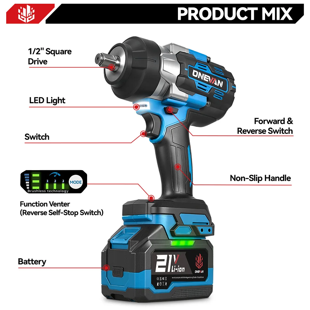 ONEVAN 2800N.M Brushless Electric Impact Wrench 1/2 inch Cordless Screwdriver Wrench Power Tools For Makita 18V Battery Pin