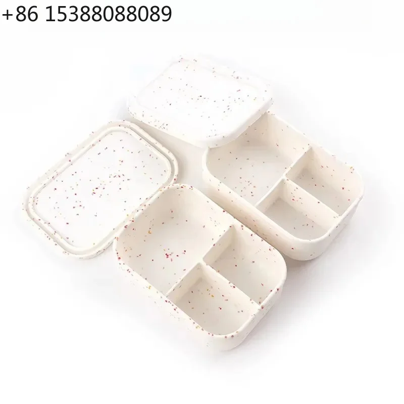 B-PA free reusable three-compartment silicone lunch box set, microwave heated, with lid,（2pcs)