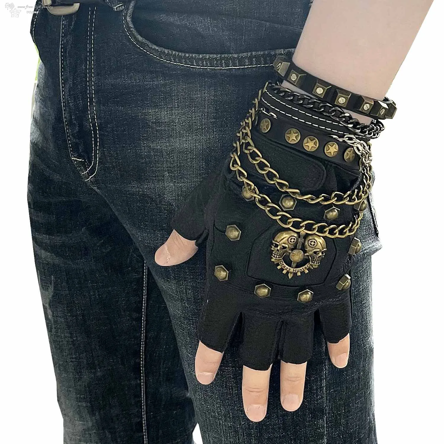 Male punk half finger real sheepskin gloves hip hop rock goth love performance stage gloves personality bracelet