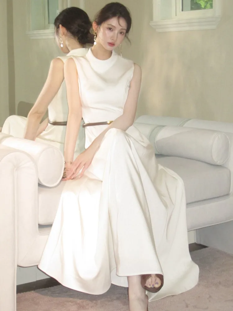 

French Elegant Vintage Women's Prom Evening Party Gown Hepburn Style Chic Belt A-Line Sleeveless Maxi Dress Vestidos New Fashion