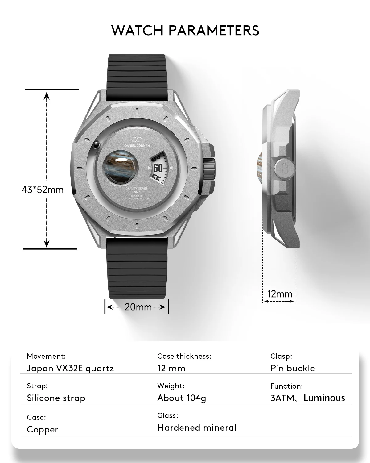 Men's Gorman Watch Trendy Magnetic Beads Silicone Strap 2077 Quartz Watches Waterproof Futuristic Polygona Gift Watch for Men