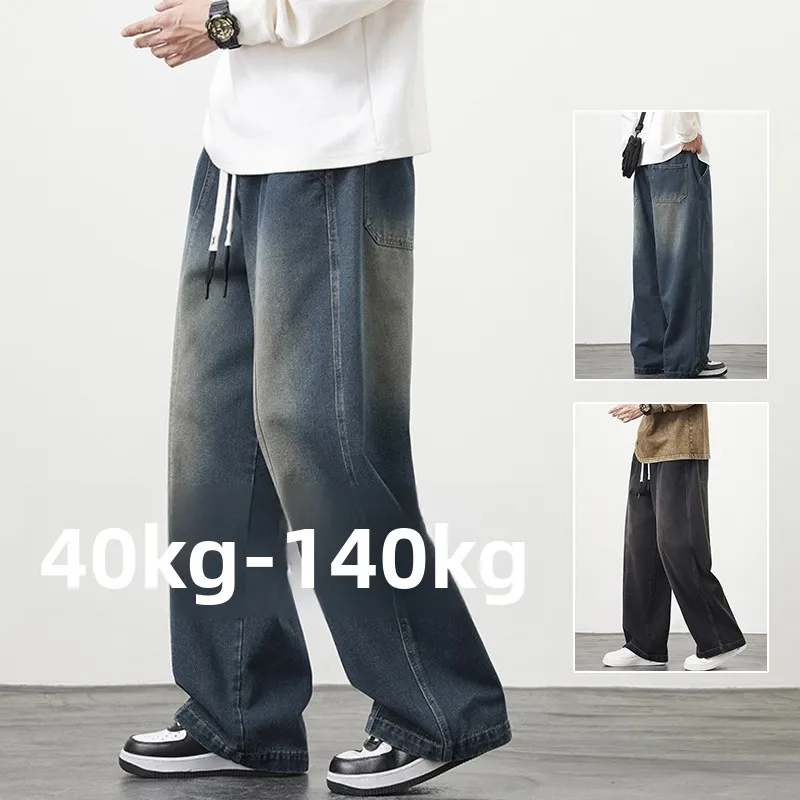 

Мужские джинсы больших размеров: прямые, повседневные, из хлопкового денима, с эффектом стройности, широкие штанины, осенняя мода, молодежный тренд, большие размеры