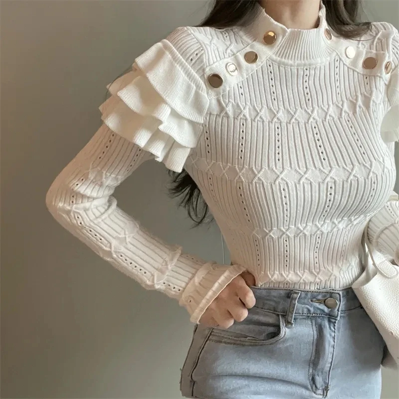 Half Turtleneck Ruffle Knitted Tops Slim Thick Knitwear Pullover Korean Design Jumper Fall Winter Button Elegant Women Sweater