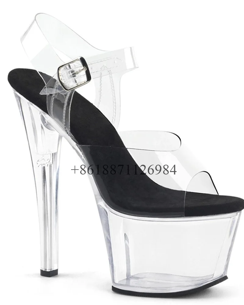 

Transparent Genuine Leather Upper Platform Peep Toe Women Sandals Stiletto Super High Heels 17CM Buckle Strap Nightclub Shoes