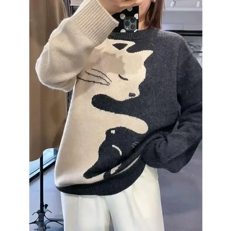 Women's Autumn Winter Animal Cat Kawaii Sweater Thick Long Sleeve Print Bottom Shirt Fashion Casual Versatile Knitting Lady Tops