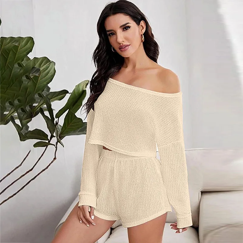 

loungewear sexy pajamas one-word off-the-shoulder waffle women's long-sleeved shorts two-piece set solid color summer