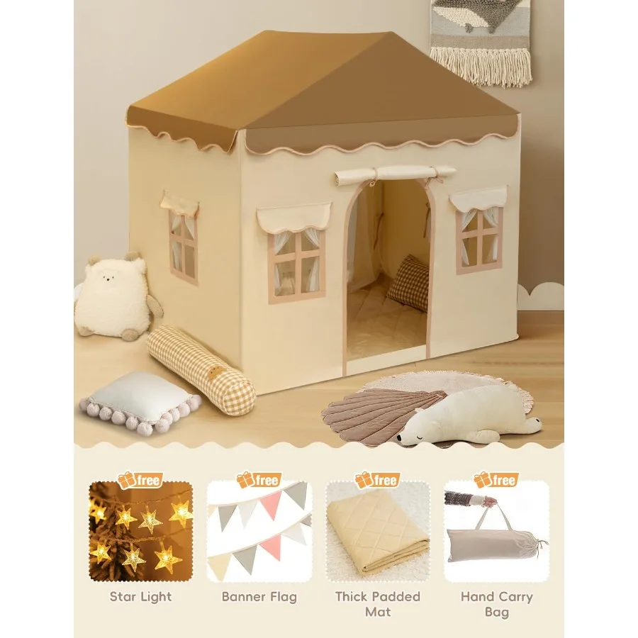 Tent met gewatteerde mat Speelhuistent 2-in-1 speeltent Grote ruimte binnen met 2 deuren en 4 ramen voor meisjes Jongens met sterren Li