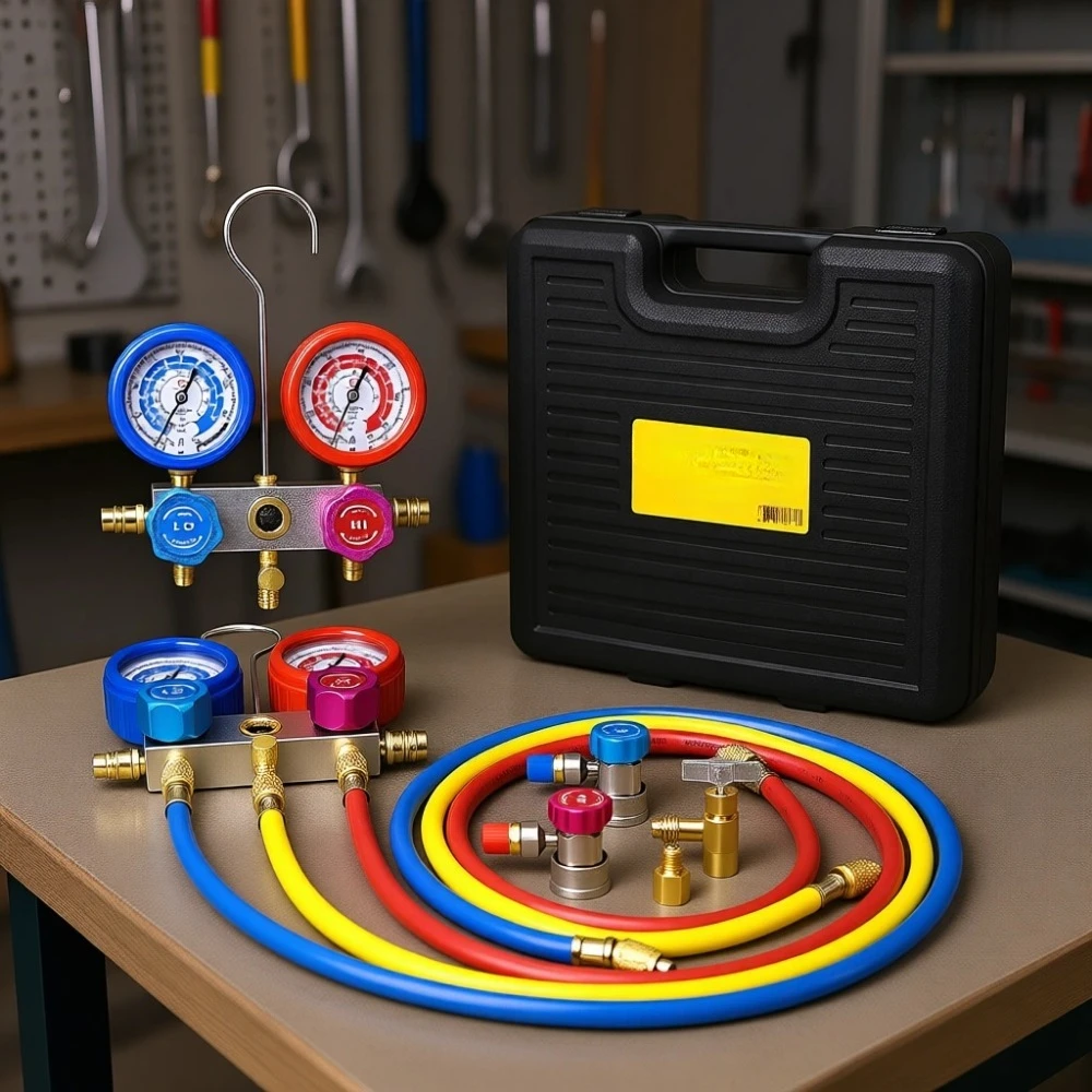 

AC Manifold Gauge Set for R410a R134a R22 Refrigerant with 4FT Hoses Aluminum Body 3 Way Auto Recharge Kit