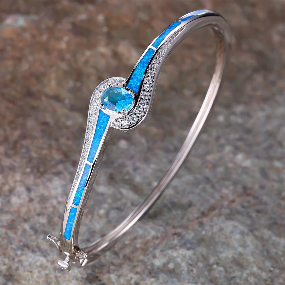 Aqua Blue Crystal Oval Stone Bangle Blue Fire Opal Bracelets For Women Classic Silver Color Wedding Engagement Jewelry Mom Gifts