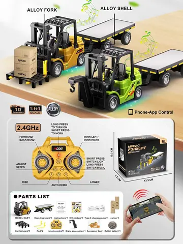 1:64 Bluetooth Remote Control Crane And Forklift two-in-one Desktop Mini Alloy Toy Car With Trailer Christmas Gift In Color Box