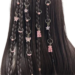 14pcs/Pack Pink Pearl Star Bear and Butterfly Shape Hair Braid Rings Hair Ties Hair Accessories for Girls Headwear