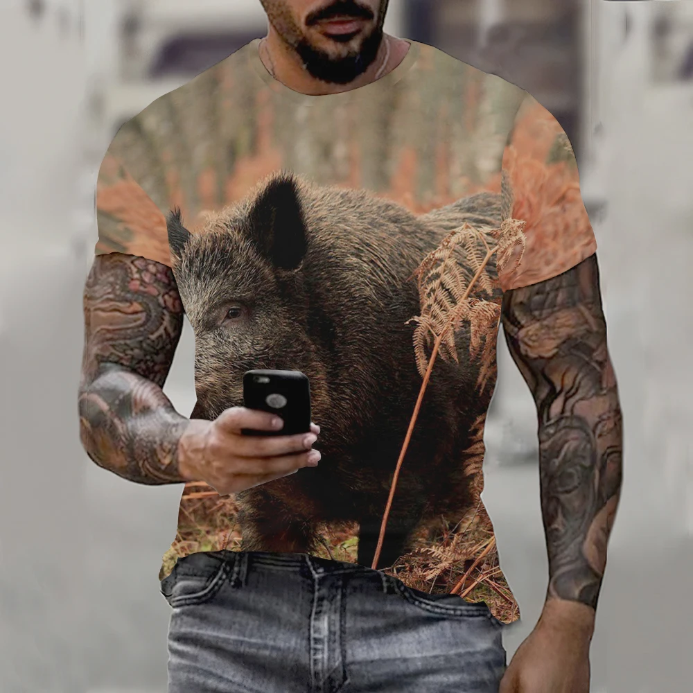 Wild Boar 3D printed T-shirt Men\'s short sleeve o collar Outdoor hunter Animal loose dry Breathable personality clothing