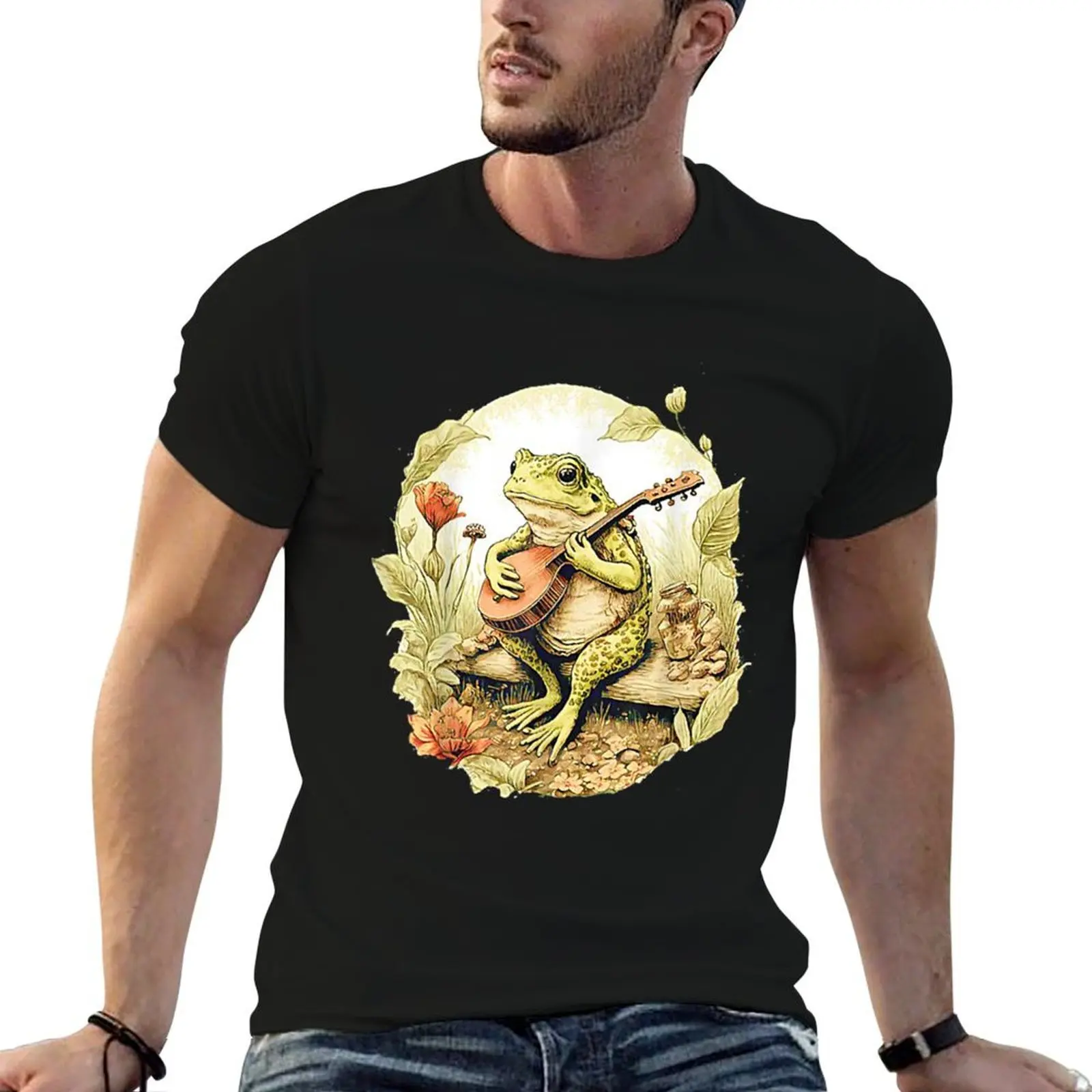 Frog Playing Banjo On Log T-Shirt cotton tshirt 100% men t shirt cotton 100% man t shirts for men T-shirt