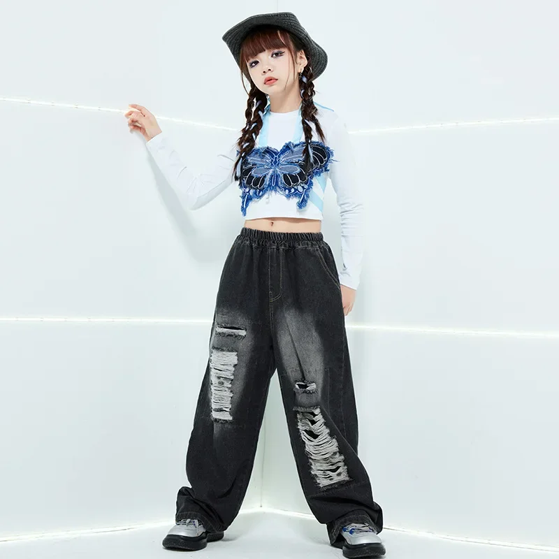 Girls Jazz Dance Outfit Kids Hip Hop Costume Set Cool Jeans Trendy Girls Catwalk Stage Performance Street Dance Wear