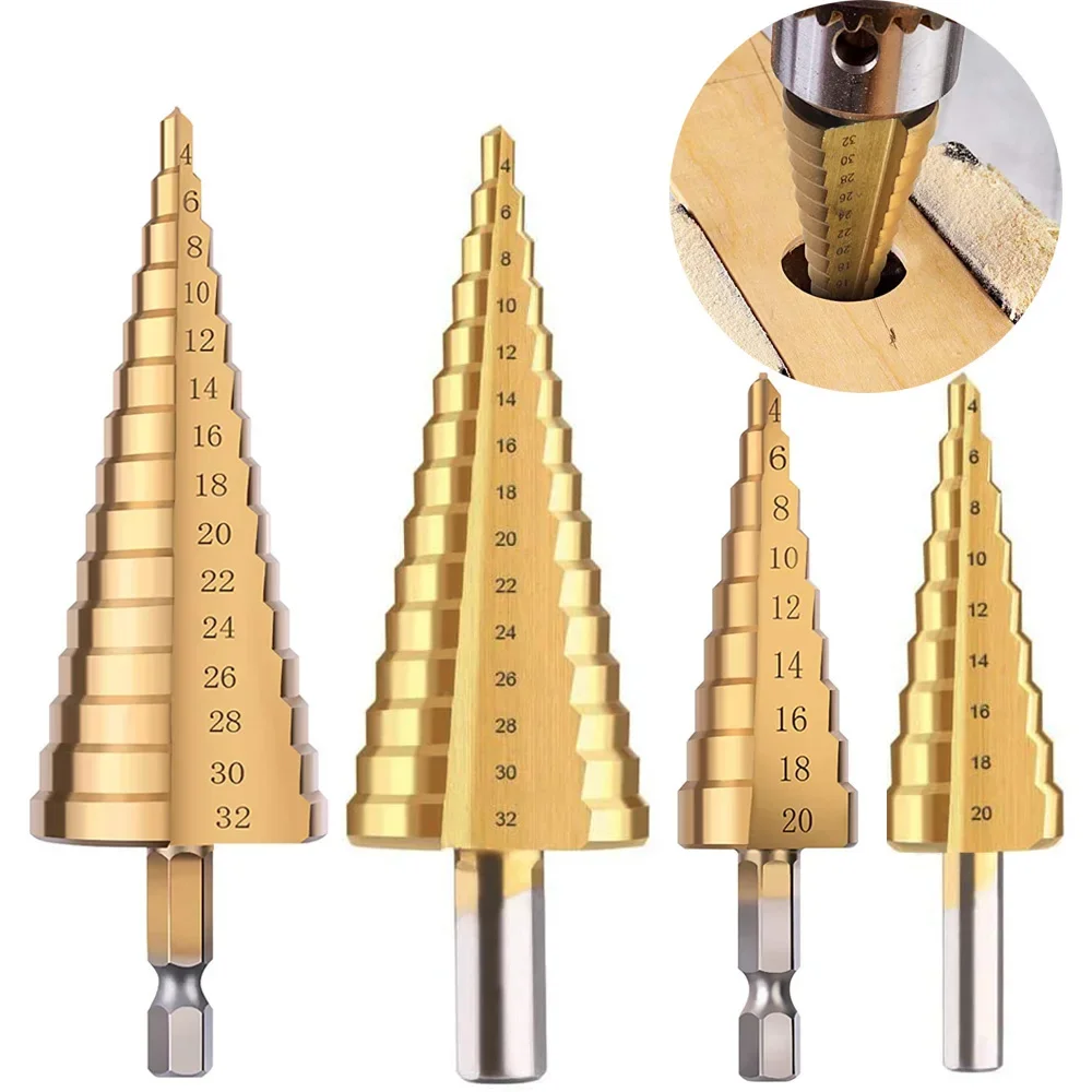 

4-12 4-20 4-32 Titanium Coated Step Drill Bit Drilling Power Tools Metal High Speed Steel Wood Hole Cutter Cone Drill Pin vise