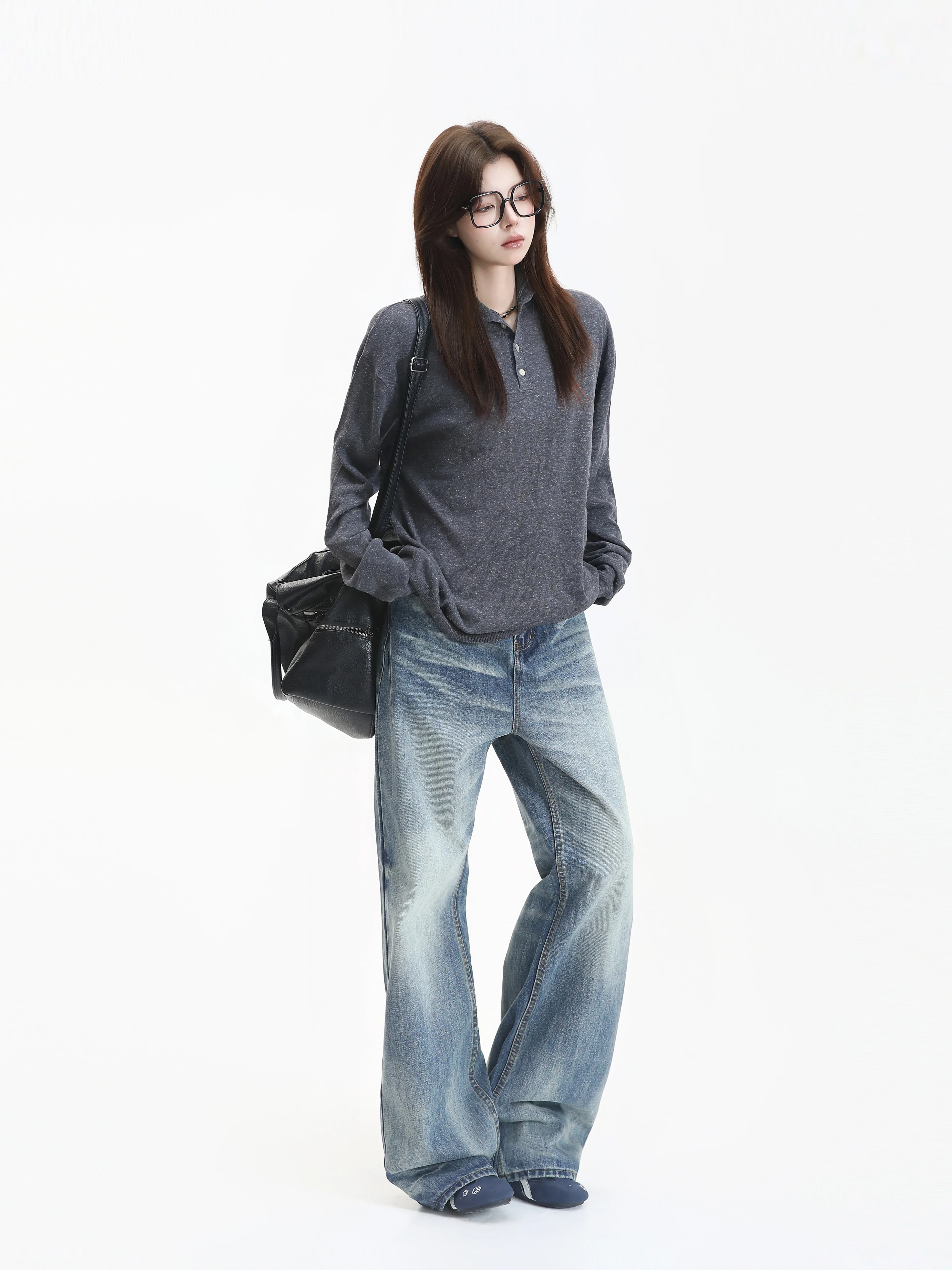 Basic Style Henry Collar Knitted Long Sleeve Sweater Korean Lazy Ageless Loose Fit Neutral Shape Breathable Soft Material