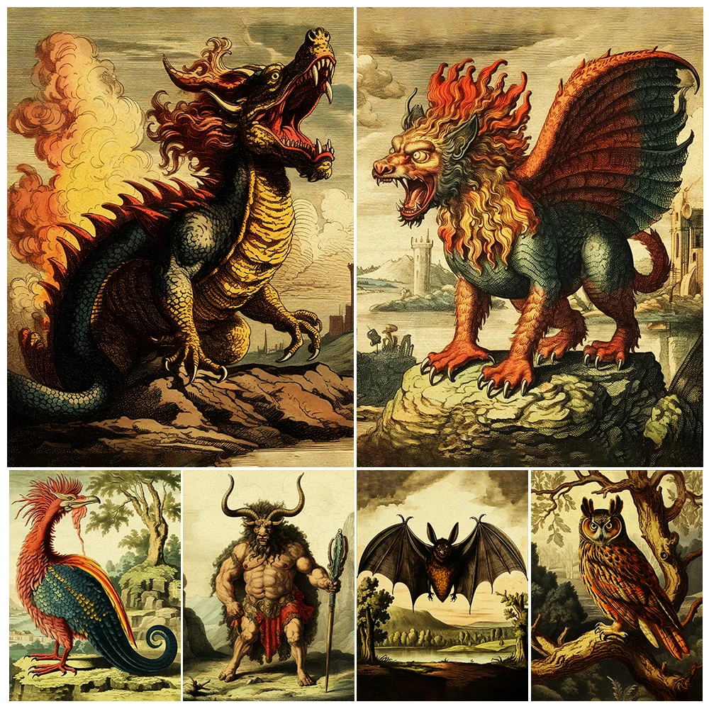 Minotauro, el Tauren griego y el dragón, arte de pared Vintage, lienzo impreso, criaturas misteriosas de la antigua Grecia, póster artístico impreso, decoración
