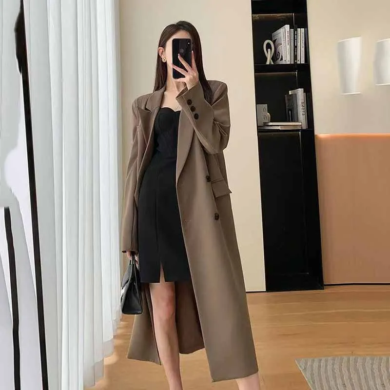 Lucyever Korean Style Chic Office Lady Long Blazers Elegant Double Breasted Blazer Jacket Women Fashion Streetwear Trench Coat