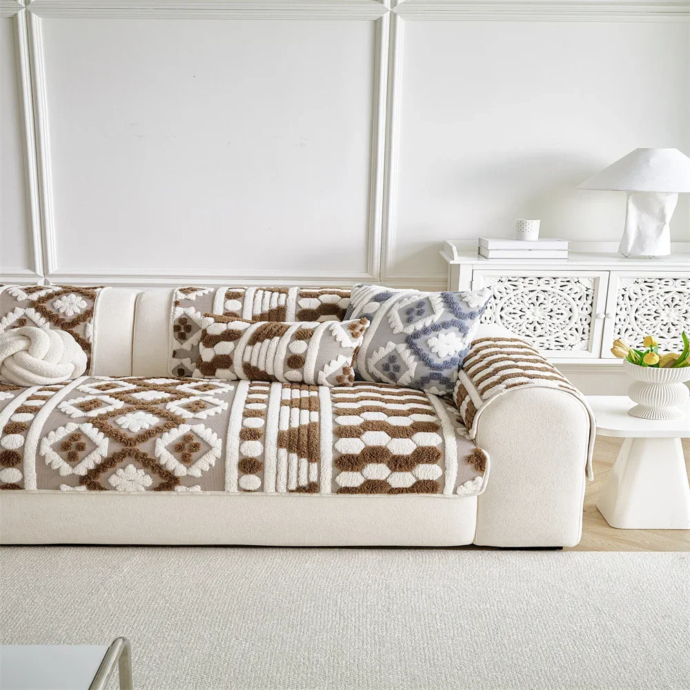 Retro Chenille Sofa Cushion Cover Universal Non-Slip Fixed Straight Row All-Seasons Slipcover for Home Comfort