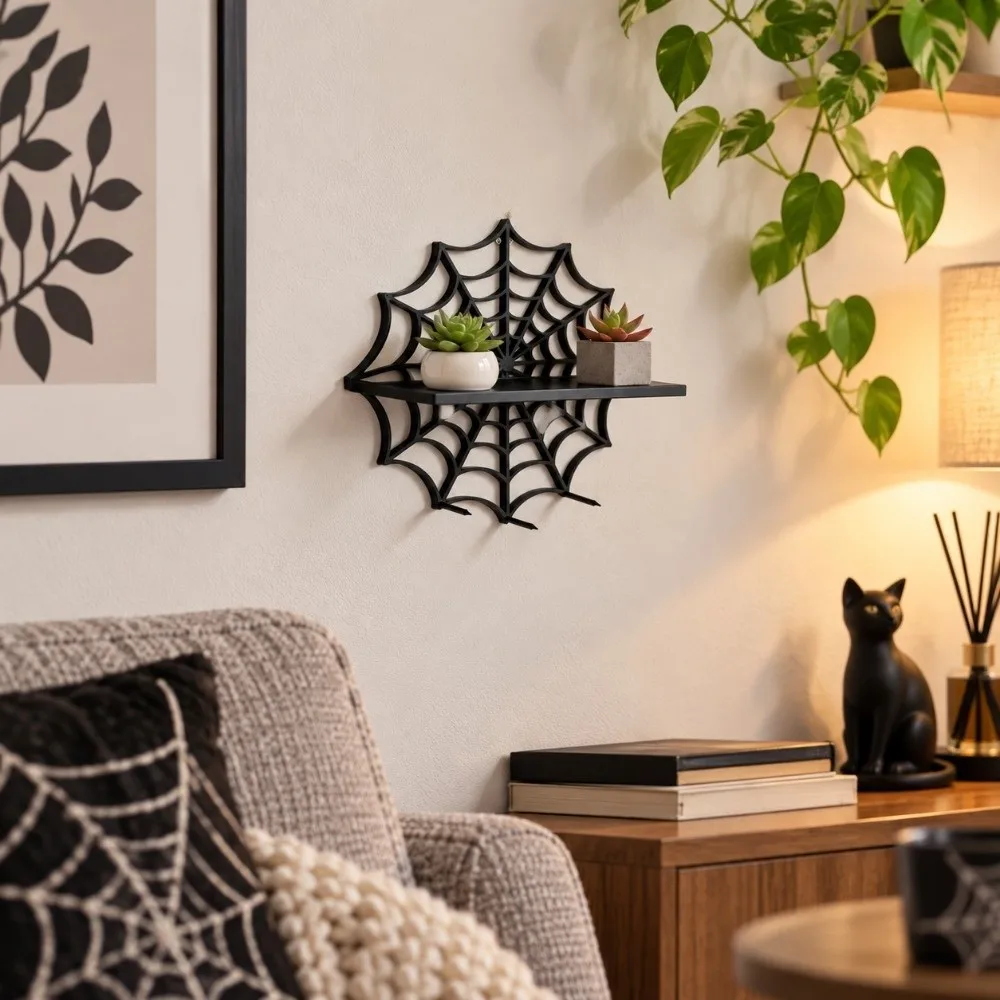 3D Printing Halloween Floating Shelf Black Spider Web Wall-Mounted Shelves Unique Gothic Plant Display Stand Living Room