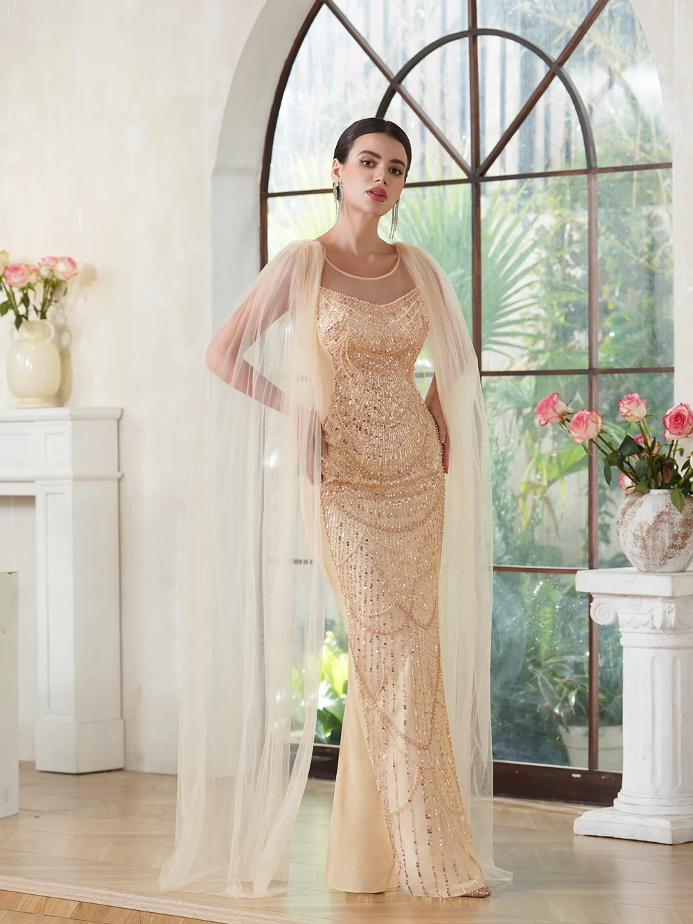 Mermaid Cape Sleeve Beaded Evening Dresses Arabic Dubai Champagne Tulle Pearls High Slit Sequined Formal Party Prom Gown Vestido