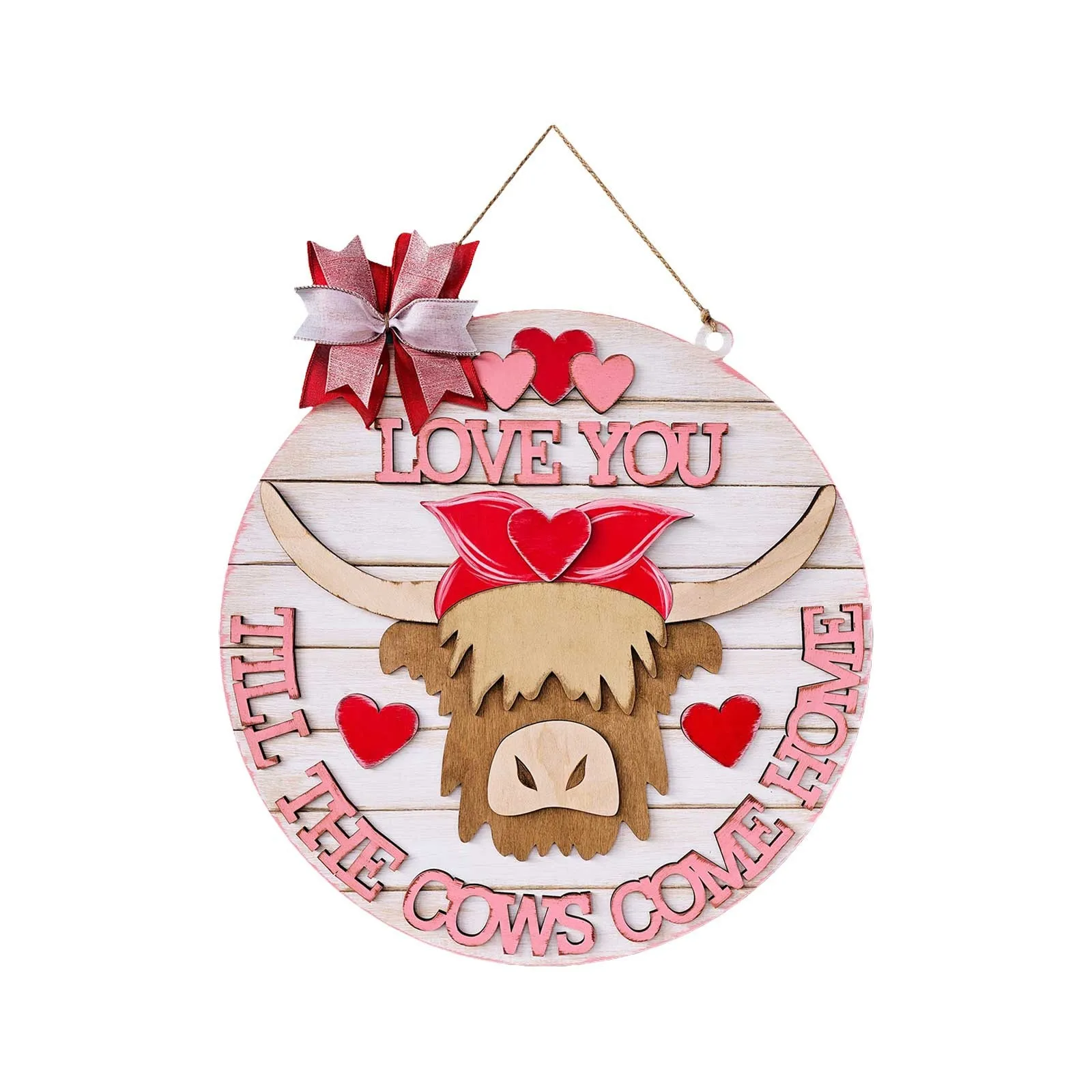 Valentine'S Day Highlan D Cow Door Sign Farm Front Decoration Welcome Wooden Door Sign Great Gift For New Homeowner Friends