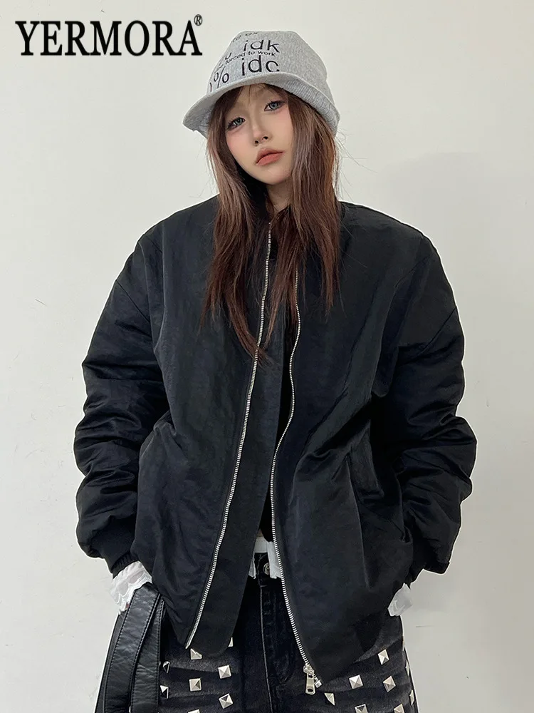 

YERMORA Black Zipper Casual Warm Big Size Cotton-Padded Coat Long Sleeve Women Parkas Fashion Tide New Autumn Winter 2025