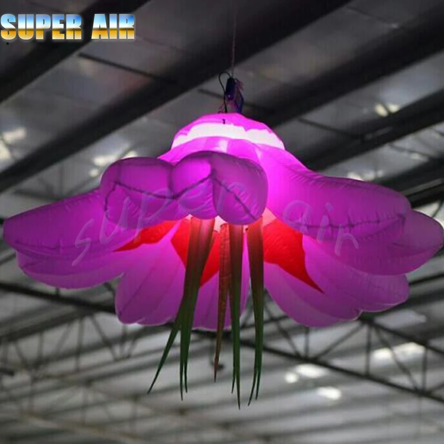 giant beautiful hanging inflatable white light flower with stamen for decoration