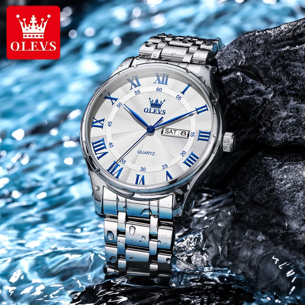 

OLEVS 3663 Мужские часы Модные спортивные римские весы из нержавеющей стали Водонепроницаемые кварцевые часы со светящимся календарем для мужчин НОВЫЕ