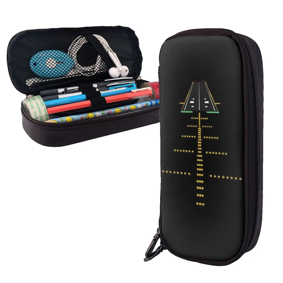 

Runway Night View Aviation Airport Lights Leather Pencil Cases Pencil Pouch Storage Pen Box Pencil Bag for Studen Gifts