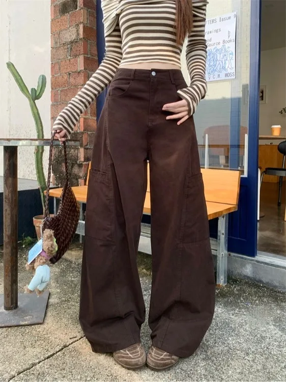 

American Style Coffee Pocket Wide Leg Workwear Jeans Women Summer New High Waist Straight Long Pants Casual Pure Color