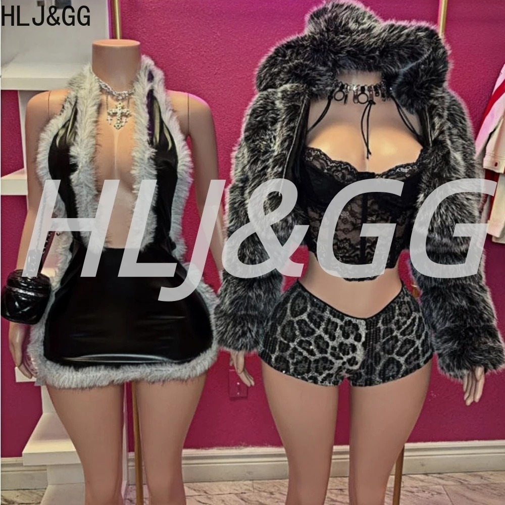 

HLJ&GG Sexy Leather Feather Splicing Halter Bodycon Mini Dress Women Deep V Sleeveless Backless Slim Vestidos Fashion Streetwear