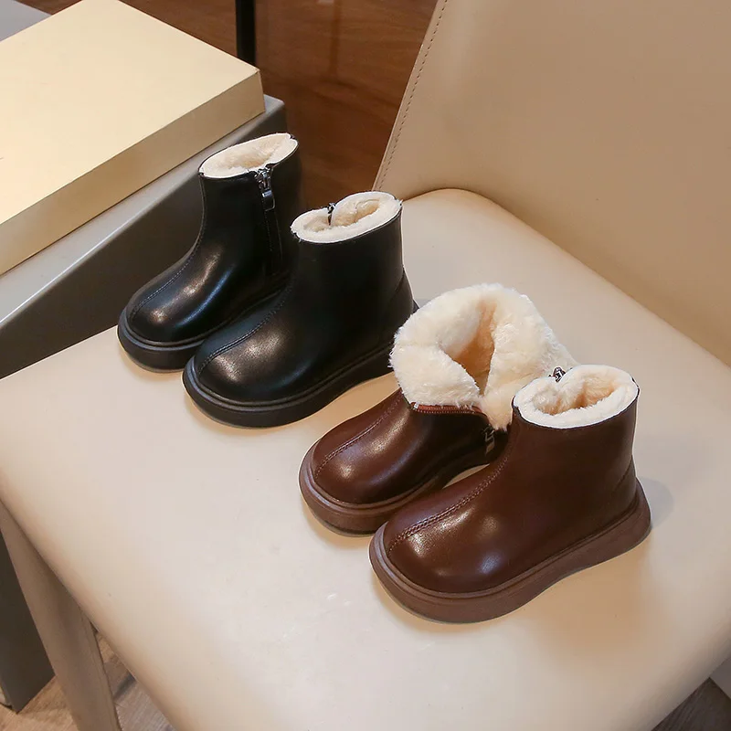 Winter Autumn Children Short Boots Girls Fashion Leather Boots Boys Pure Color Autumn Boots Baby Warm Soft Cotton Shoes