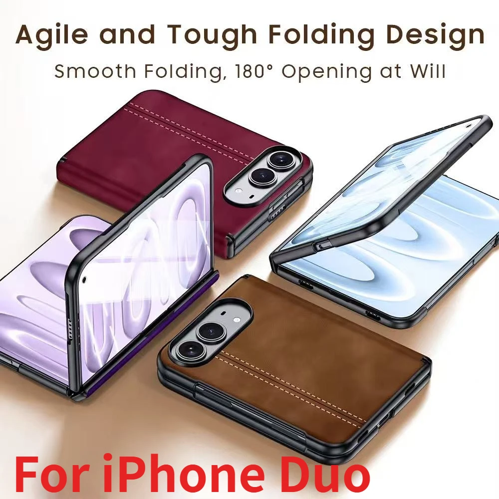 For iPhone Duo Luxury Saffiano Leather Pattern Screen Film Glass Phone Case for iPhone Duo Hinge Protection Cove