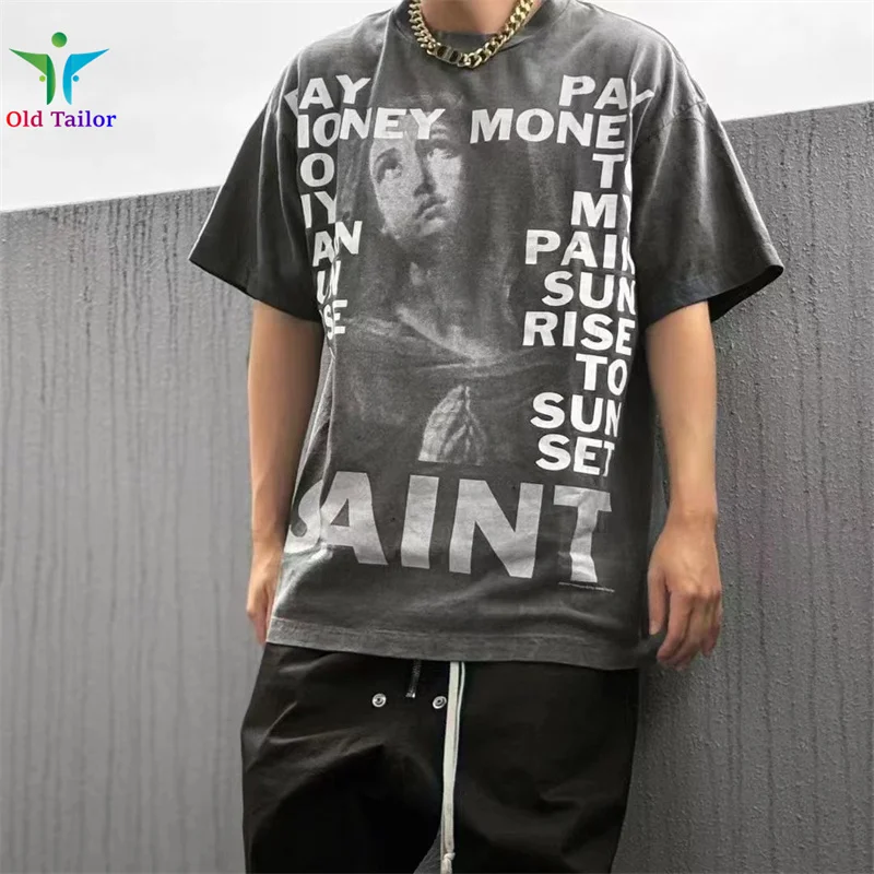 

Trend Fashion SAINT 24SS New Washed Short Sleeve High Quality Summer Vintage T-shirt Tops Casual Mens Womens Clothing