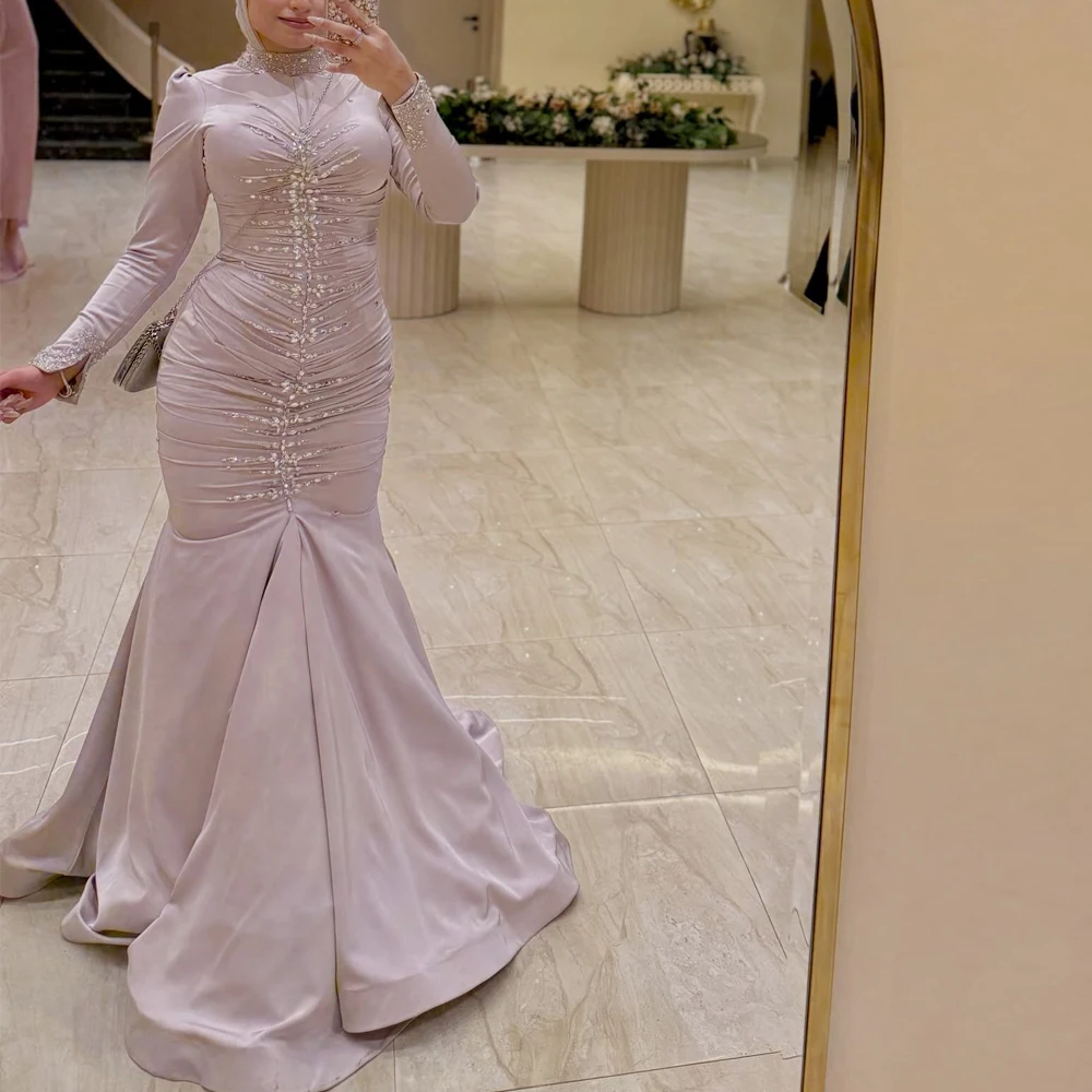 Customized Elegant Crystal Embellishment Hijab Evening Dress Sequin Mermaid Muslim Formal Gown Fitted Long Abendkleid