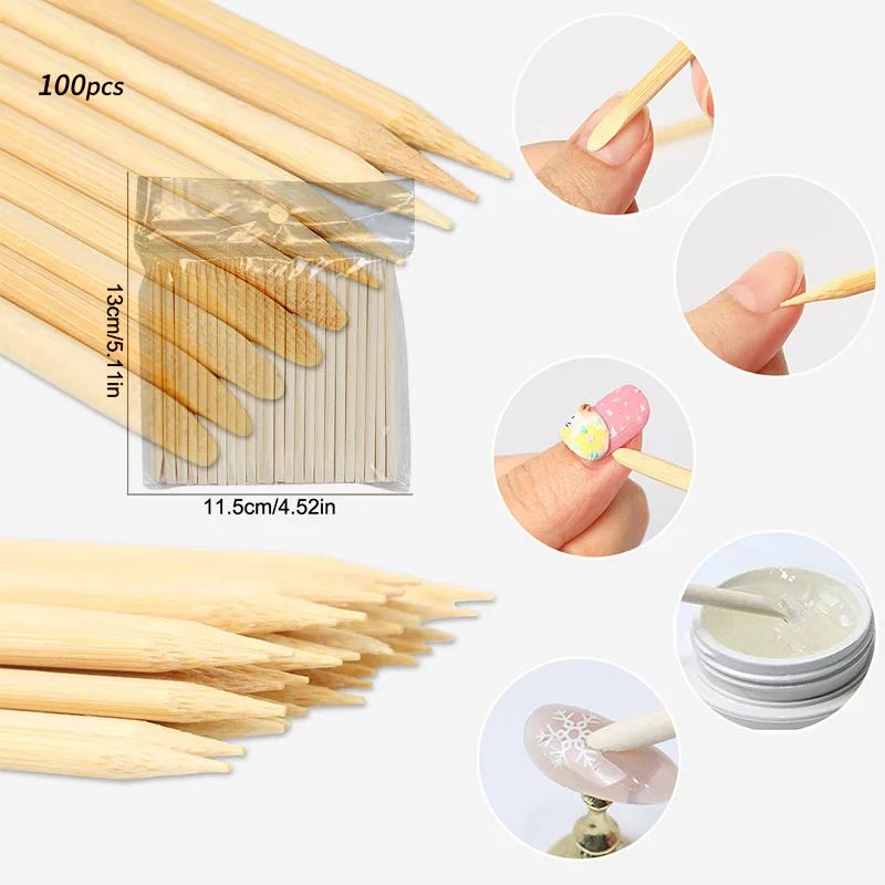 100 Stück/Packung Orangenholzstäbchen für Nagelhautschieber Nagelhautentferner Werkzeug 5 Verschiedene Größen Doppelköpfige Gabeln für Nägel Maniküre