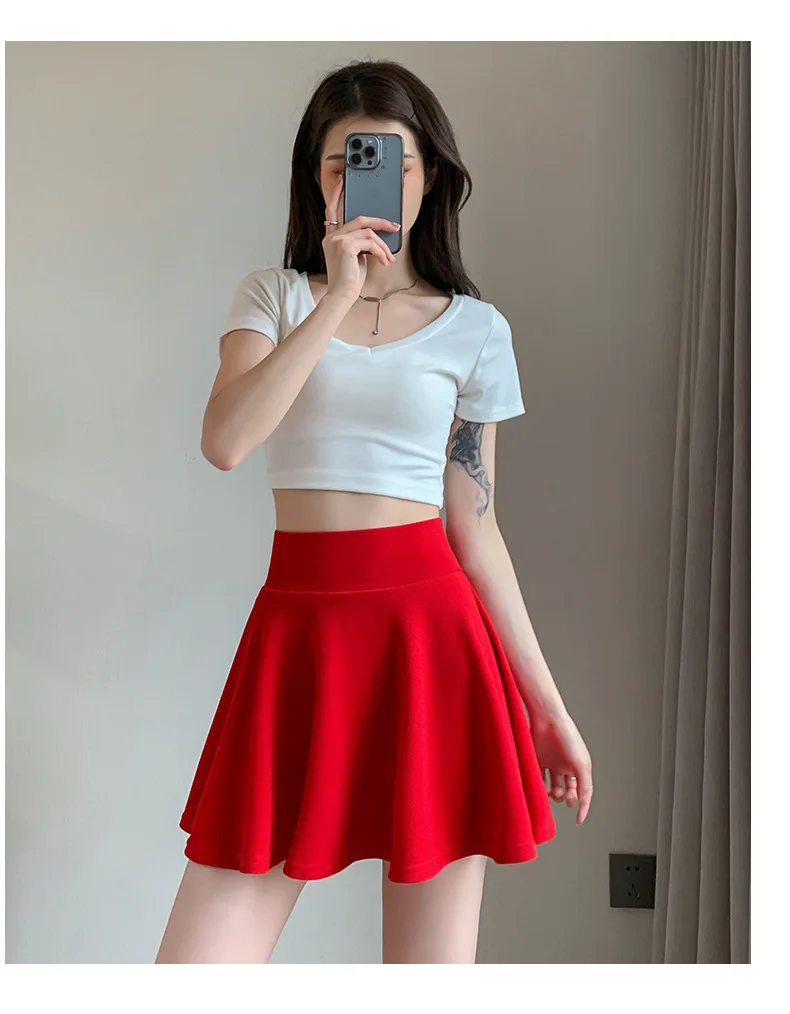 Summer Basic Skirts Women Shorts Mini Elastic Pleated Skirts High Waist Bubble Sun Skirts School Girl Uniform Lined Safety Pants