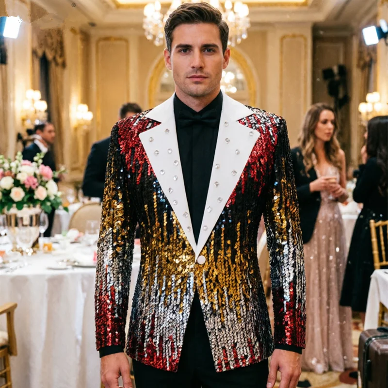 

Новый мужской блестящий пиджак с пайетками 2026 года: Красочный градиентный блестящий костюм для выступлений на сцене для певцов, диджеев, ведущих