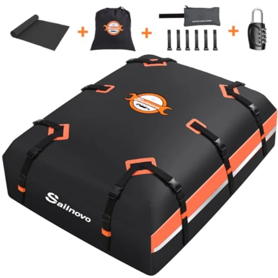 

Car Rooftop Cargo Carrier 21 Cu Ft, Waterproof 1000D PVC Roof Bag, Black, Anti-Slip Mat + Combination Lock + Storage Bag + Door