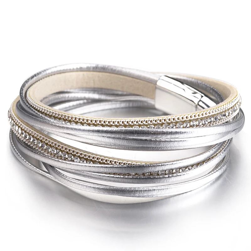 ALLYES Stilvolles mehrschichtiges Lederarmband für Damen und Herren, Boho-Strasskette, doppelter Wickelarmreif, Partyschmuck