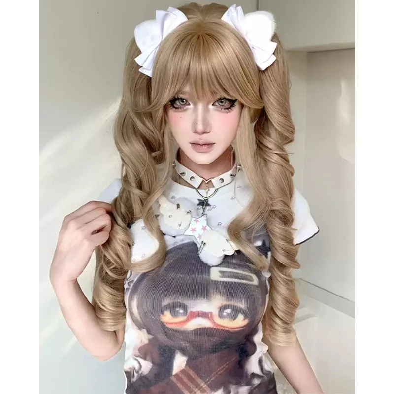 Women Sand‑Gold Twin‑Tail Wig With Detachable Ponytails Synthetic Lolita Cosplay Wig With Bangs, Doll Style For Daily Party Wear